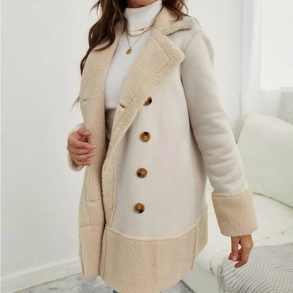 - New faux Sherpa lined jacket suede double breasted jacket - Picture 3 of 6